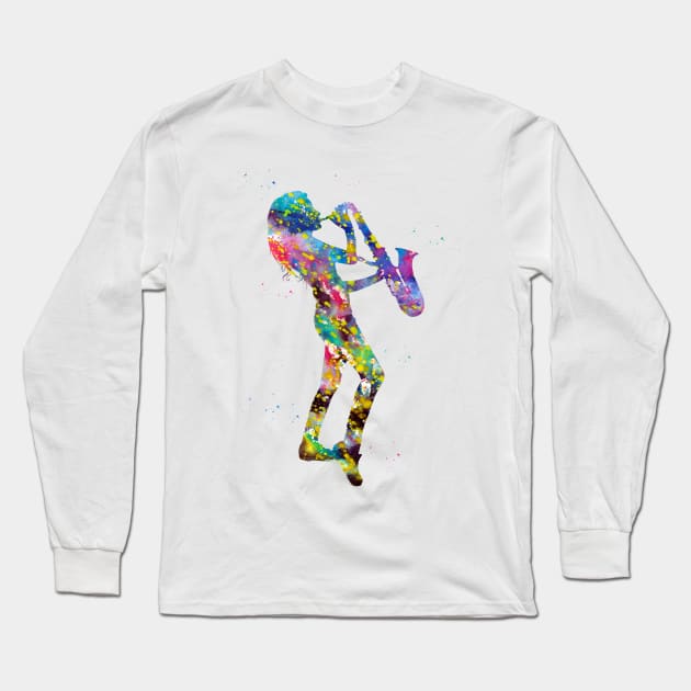 Woman playing saxophone Long Sleeve T-Shirt by erzebeth